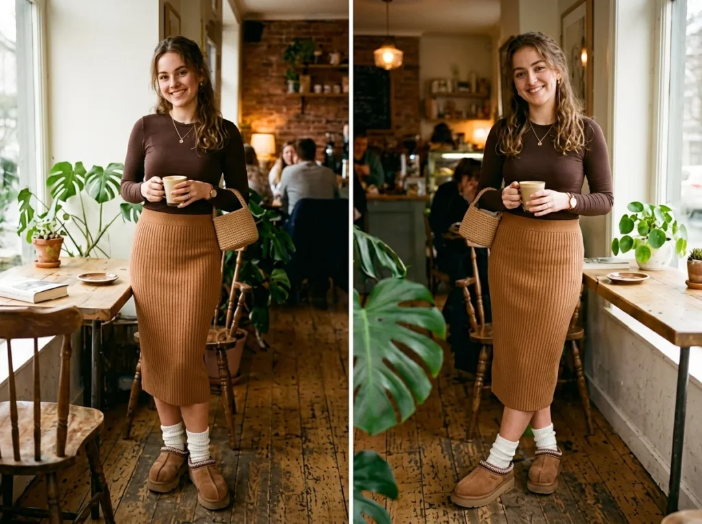 Ribbed Midi Skirt with Chunky Knit Socks